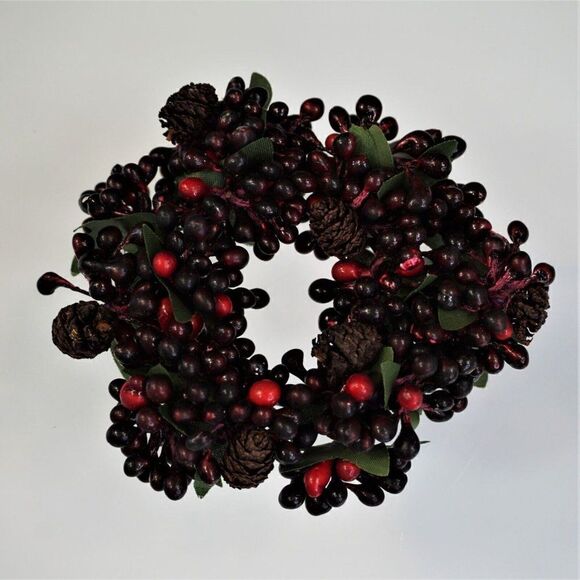 Christmas Candle Ring Berries Pinecones Purple Brown Round Holiday Decor - Picture 1 of 5